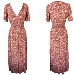 FOREVER 21 Pink Floral Short Sleeve Button Slit V-Neck Maxi Dress Rust Size S
